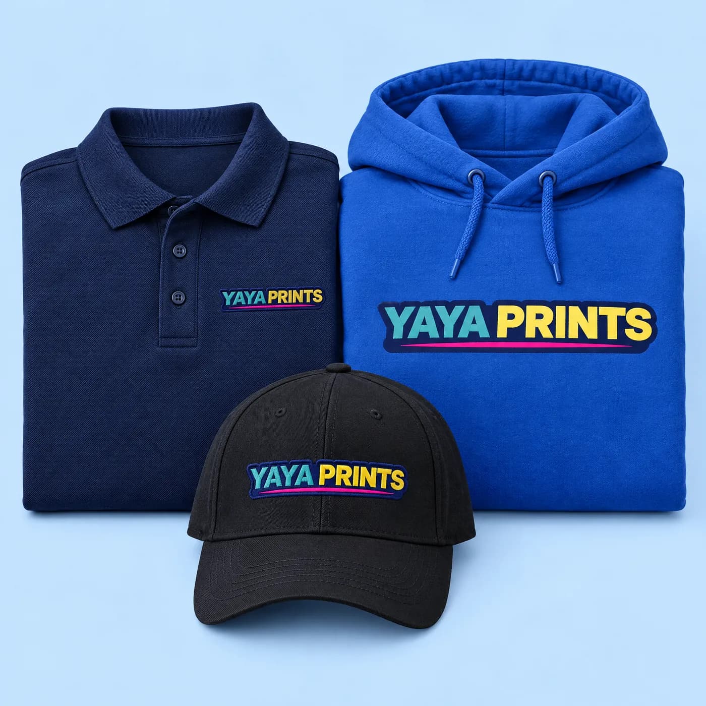 A navy polo, a royal blue hoodie and a black cap with the YAYA Prints logo