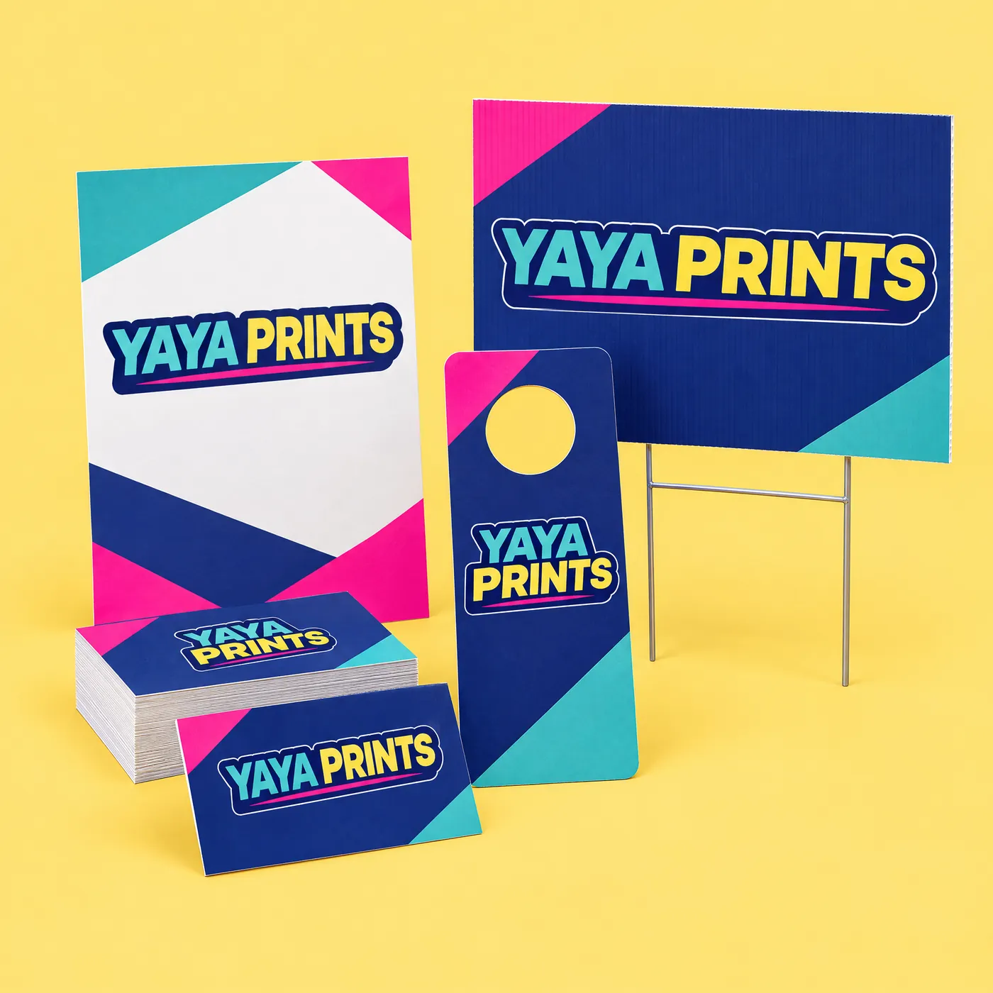 Business cards, a flyer, a door hanger and a lawn sign with the YAYA Prints logo