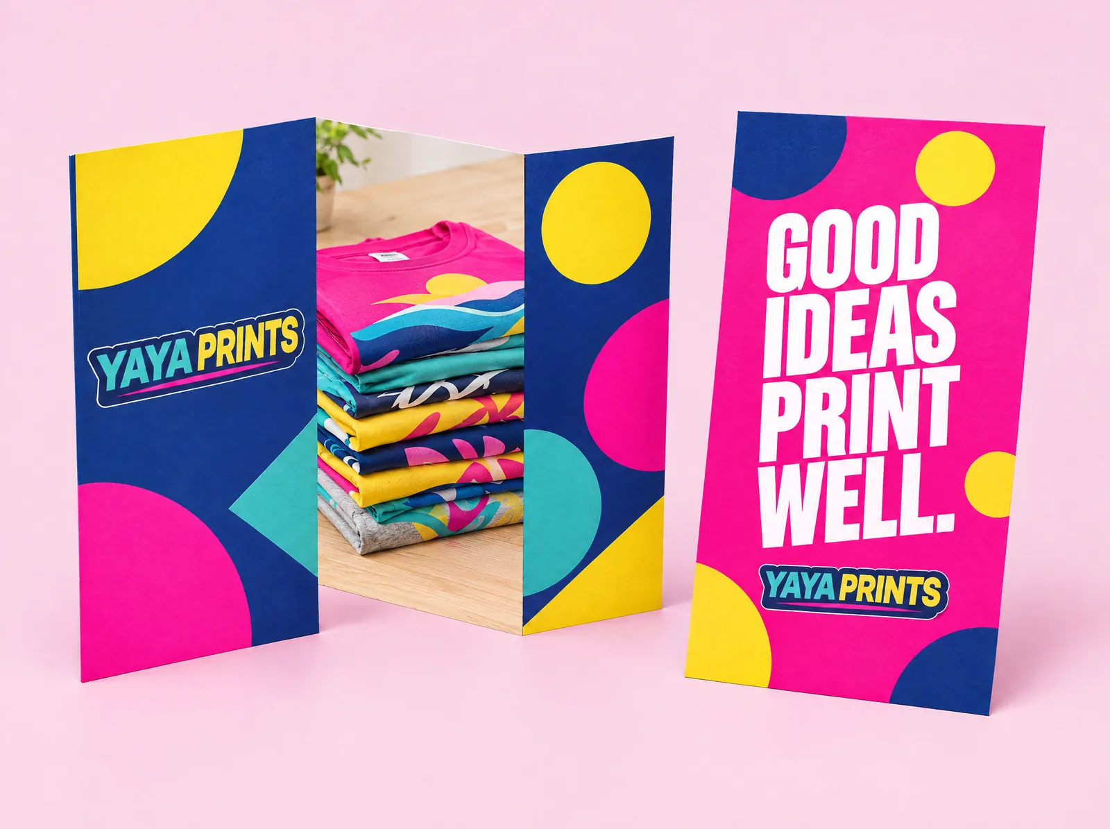 A tri-fold brochure and a pink flyer that reads Good ideas print well