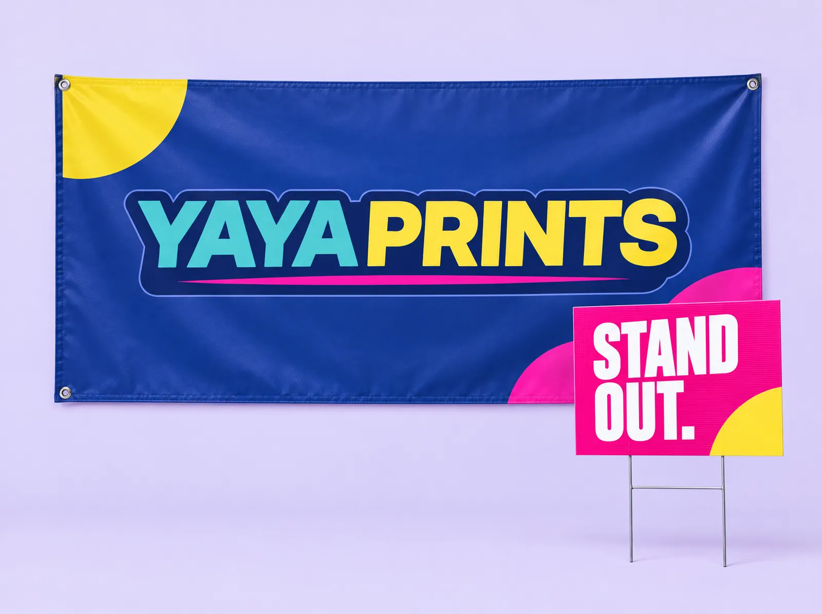 A royal blue vinyl banner and a pink Stand out lawn sign