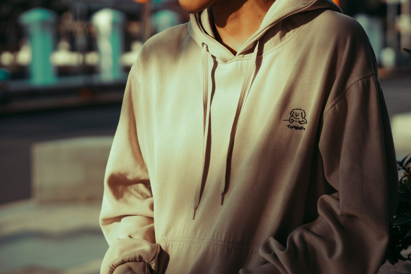 Close-up of a beige pullover hoodie with drawcords and a small embroidered chest logo