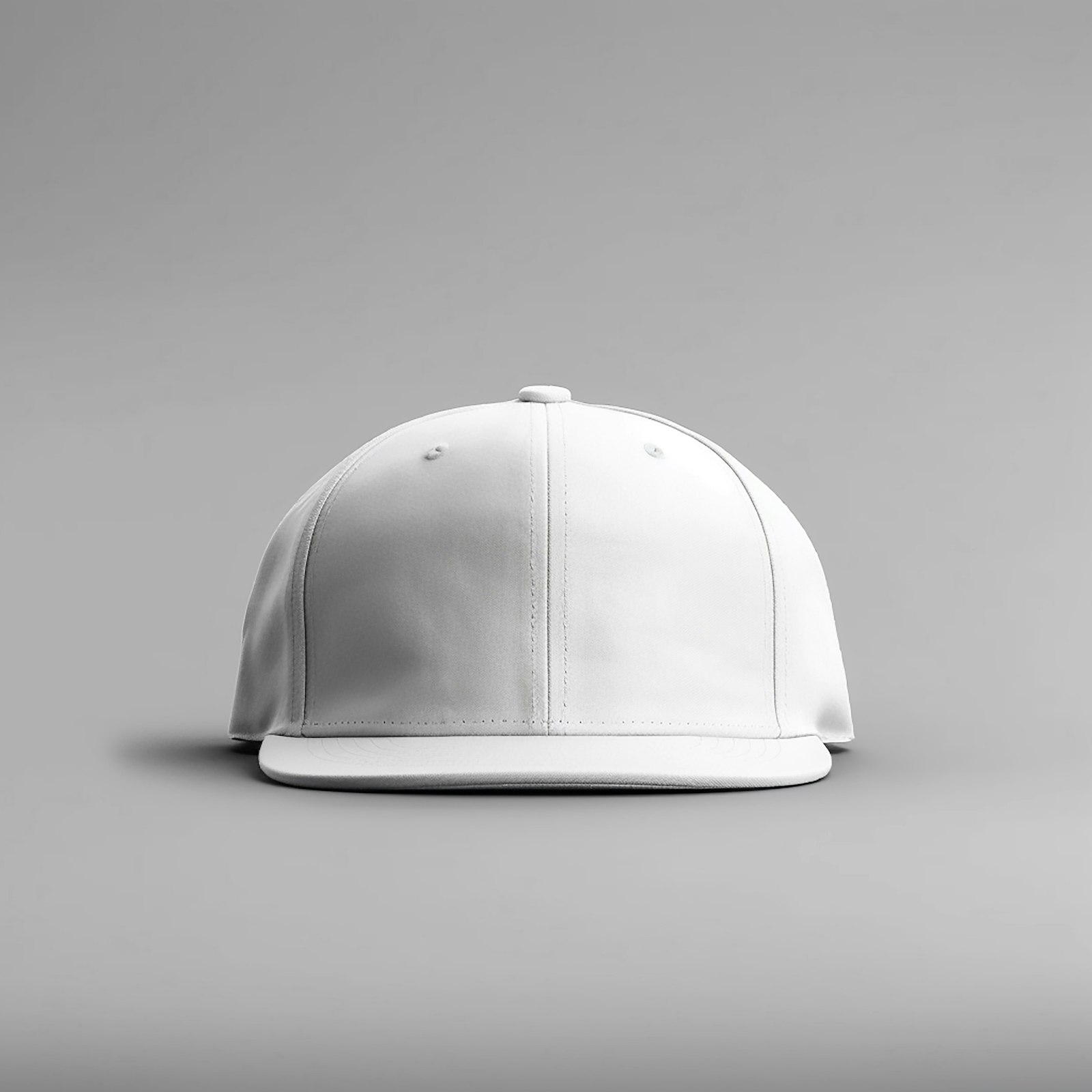 A white flat-brim cap photographed against a plain grey background