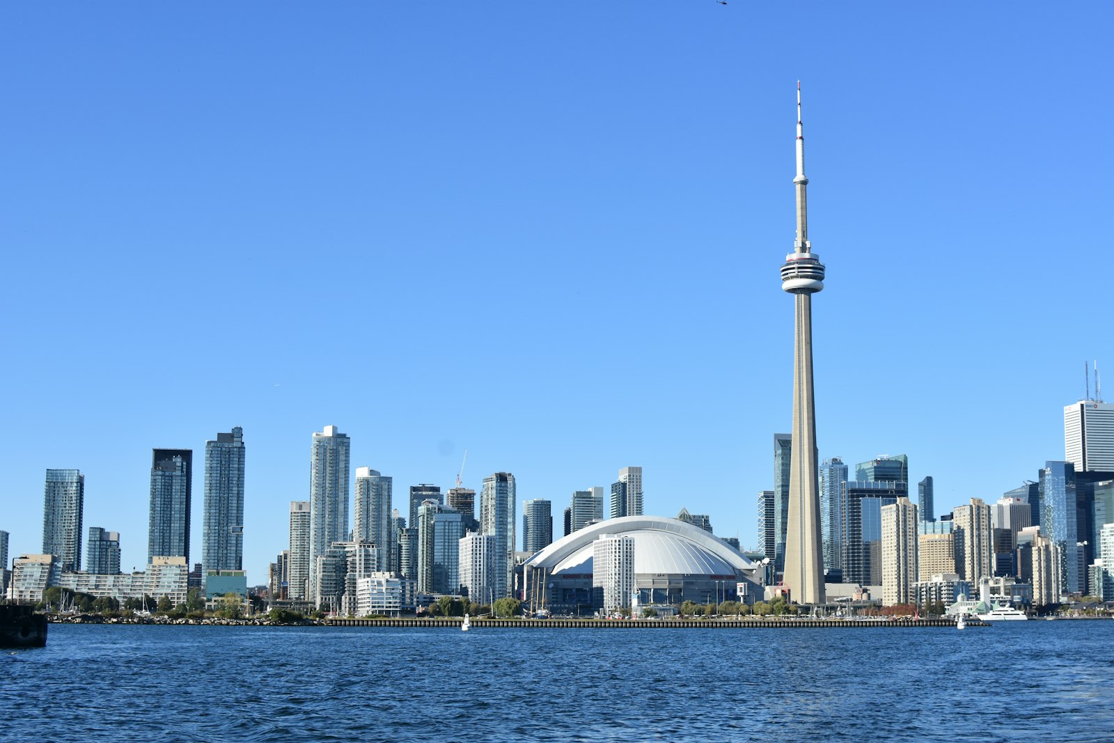 The Toronto skyline seen from the water on a clear day, with the CN Tower and the domed stadium roof among the towers