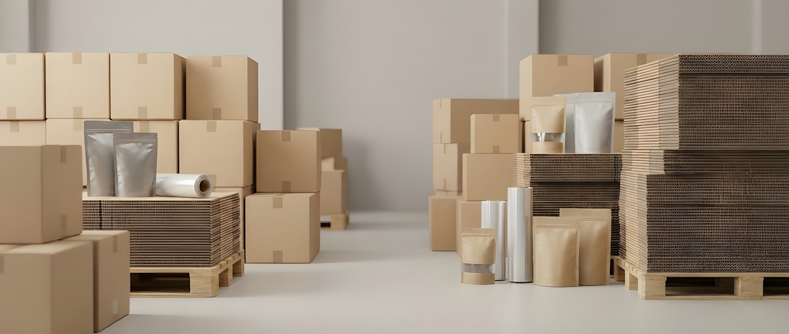 Cardboard shipping boxes, packing rolls and pallets stacked in a bright warehouse