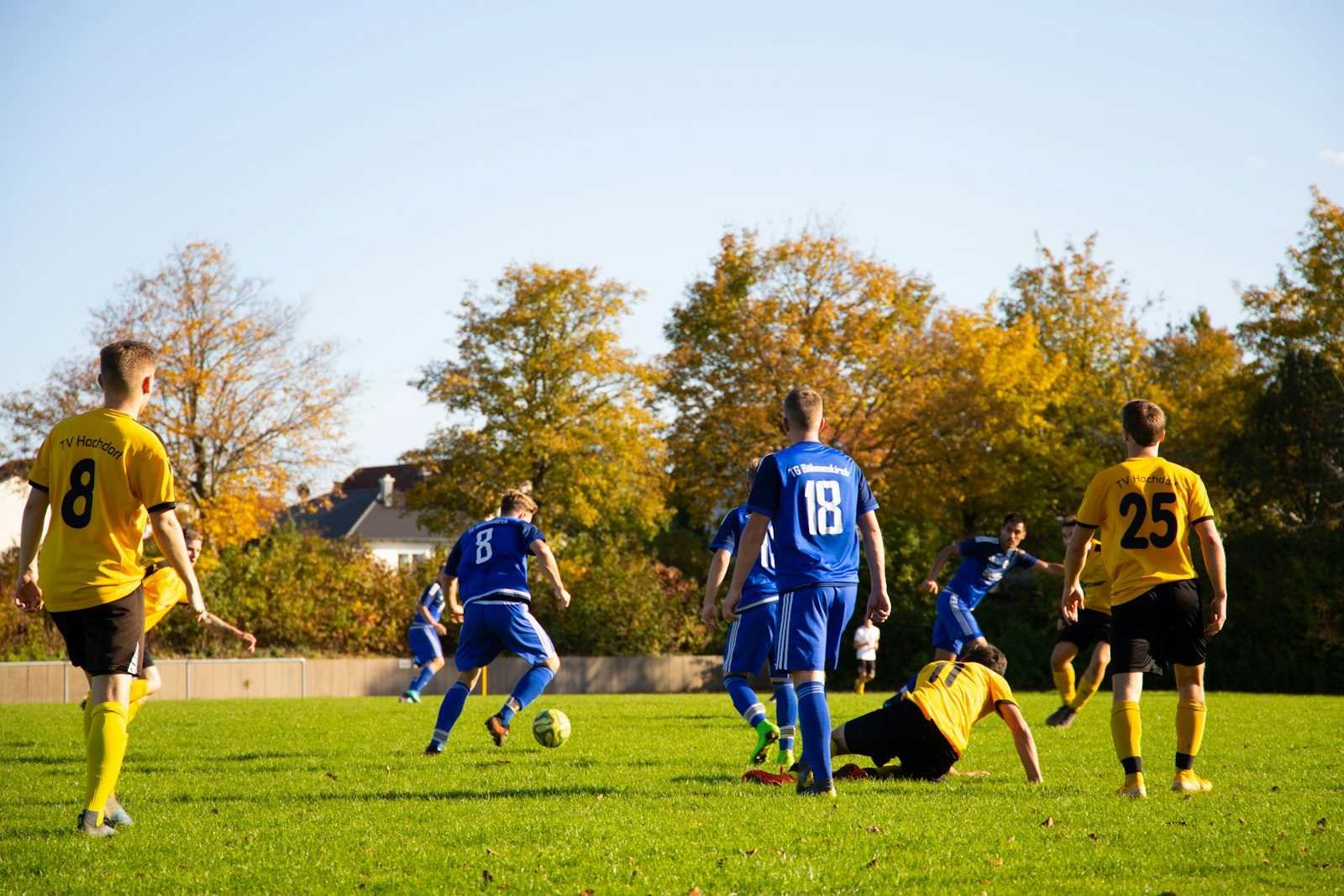 Youth players in yellow-and-black and blue kits chasing the ball on a grass field with autumn trees behind
