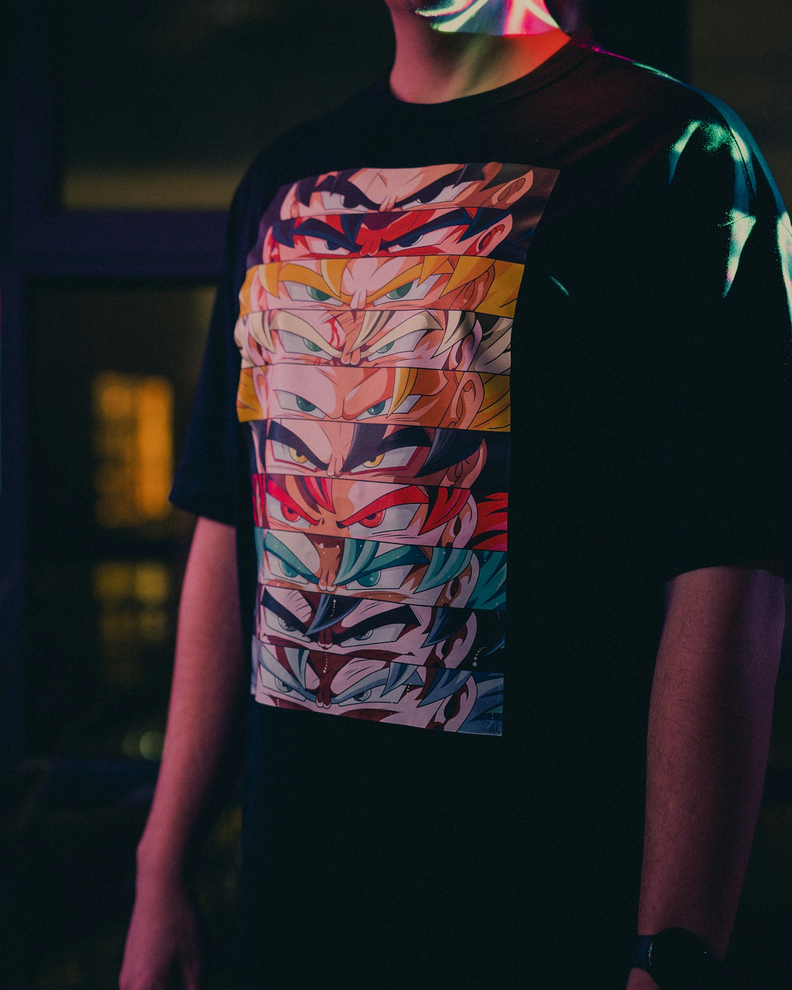 A finished printed t-shirt laid flat showing a crisp chest graphic with strong contrast against the garment colour