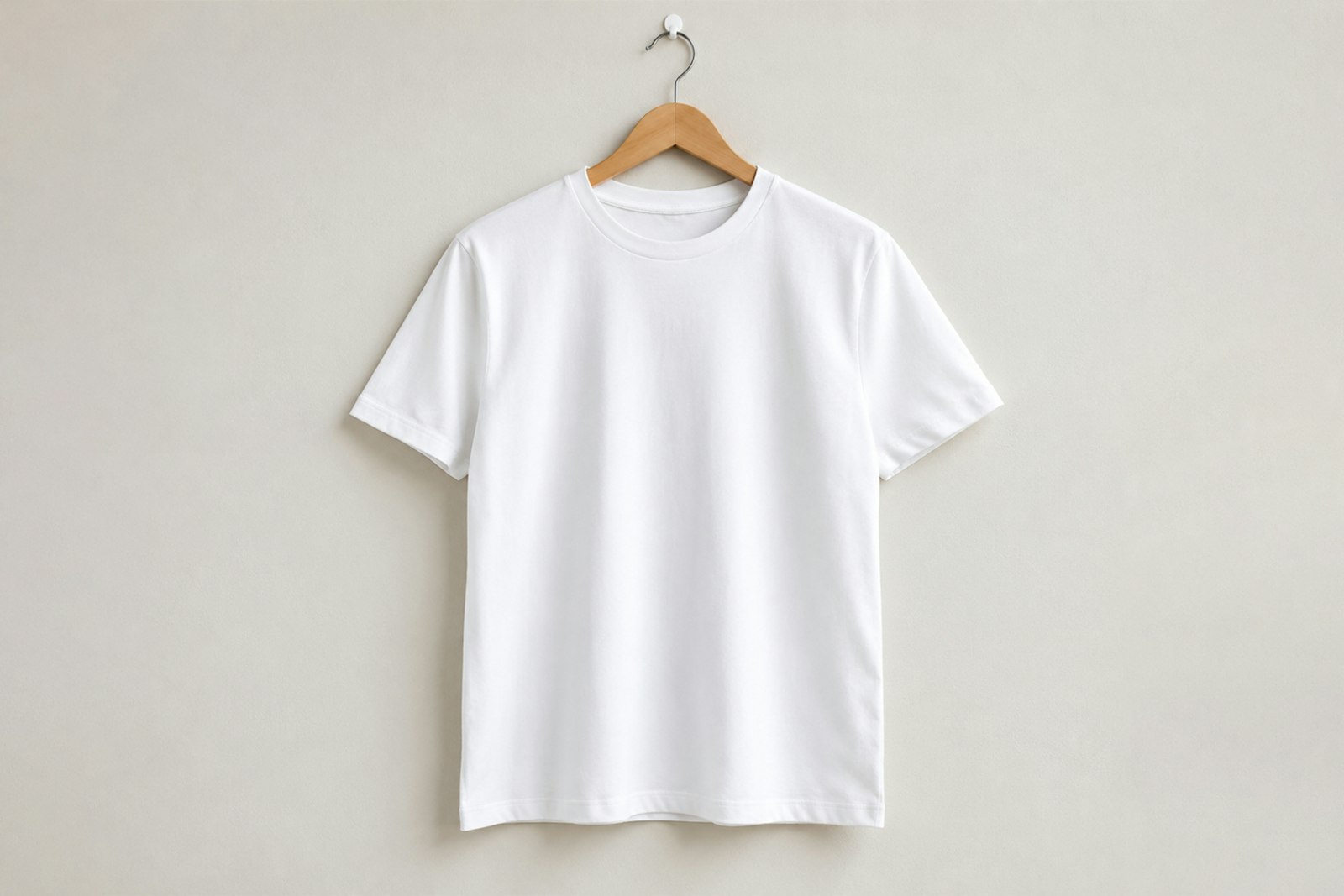 A single plain white t-shirt hanging on a wooden hanger against a pale wall